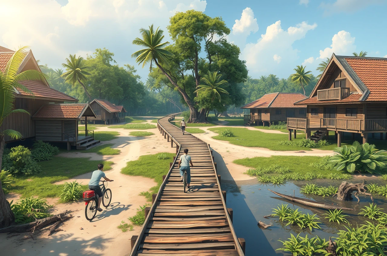 Pulau Ubin island with cyclists and traditional houses