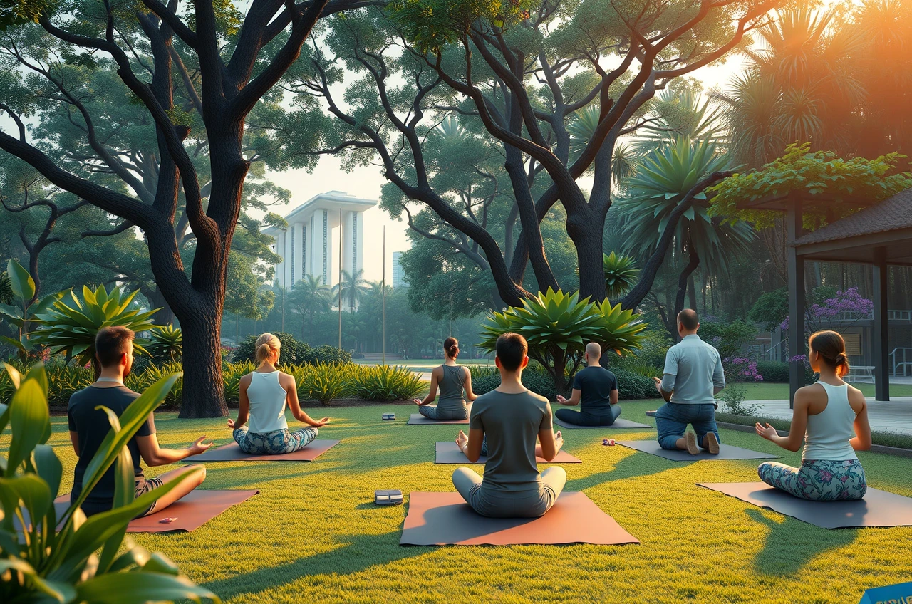 Yin Yoga class in Singapore garden setting