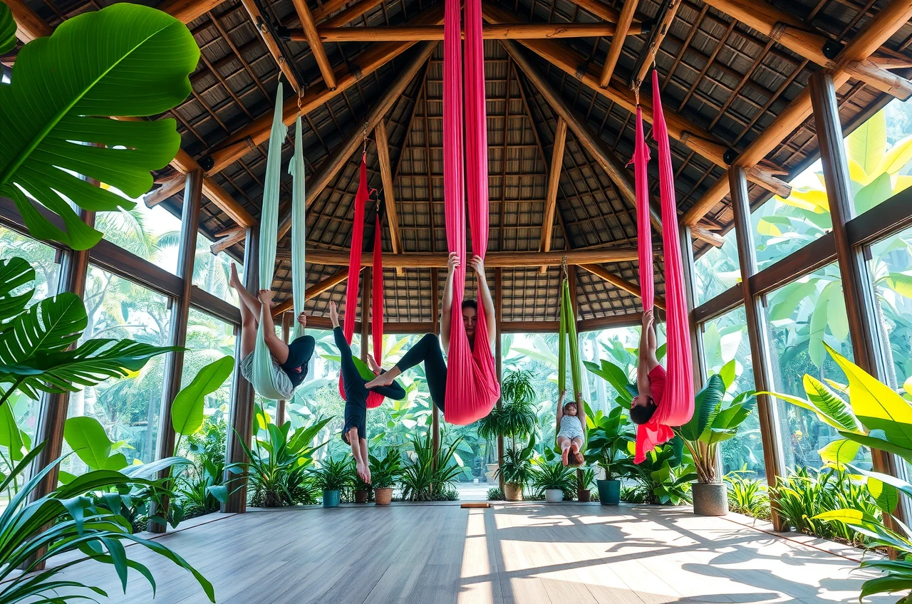 Aerial Yoga class in Singapore garden pavilion