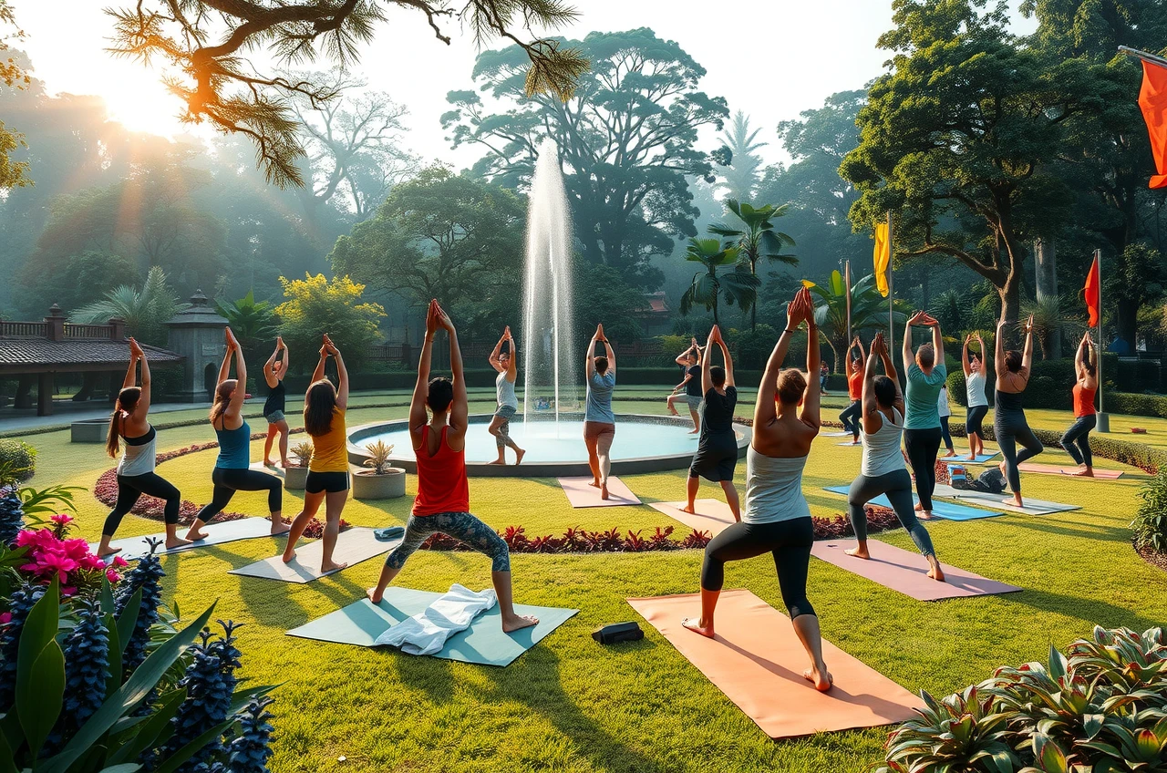 Hatha Yoga class in Singapore's botanical gardens